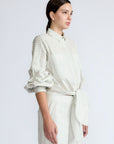 Ansley Blouse in Silver – Boho-inspired cotton blouse with patch pockets, balloon sleeves, and front tie.