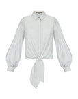 Ansley Blouse in Silver – Boho-inspired cotton blouse with patch pockets, balloon sleeves, and front tie.
