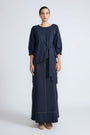 Artemisa Top in Navy – Cotton wrap top with round neckline, ¾ sleeves, and tie waist, made in Peru.