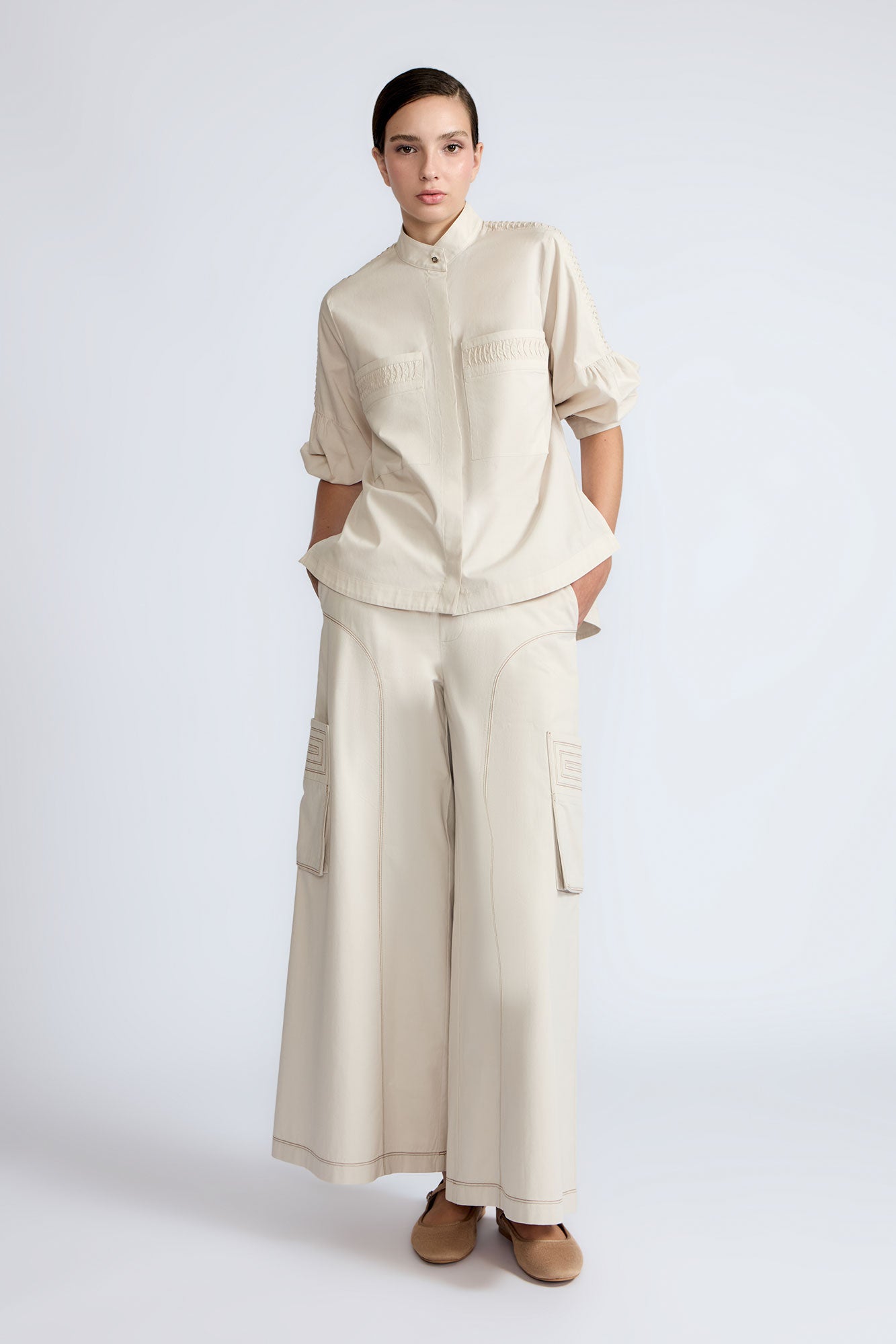Bela Pant in Prestine – Cropped cotton palazzo pants with side flap pockets, elasticated waist, and contrast stitching.