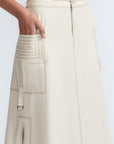 Belen Skirt in Prestine – Cotton maxi skirt with patch pockets, buckle straps, wide waistband, and contrast stitching.
