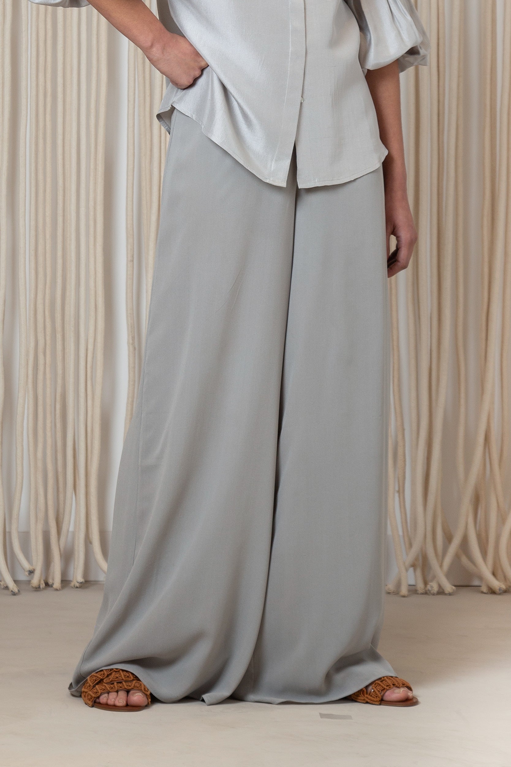 Bellami Pant in Silver – Elegant wide-leg silk pants with flowing silhouette.