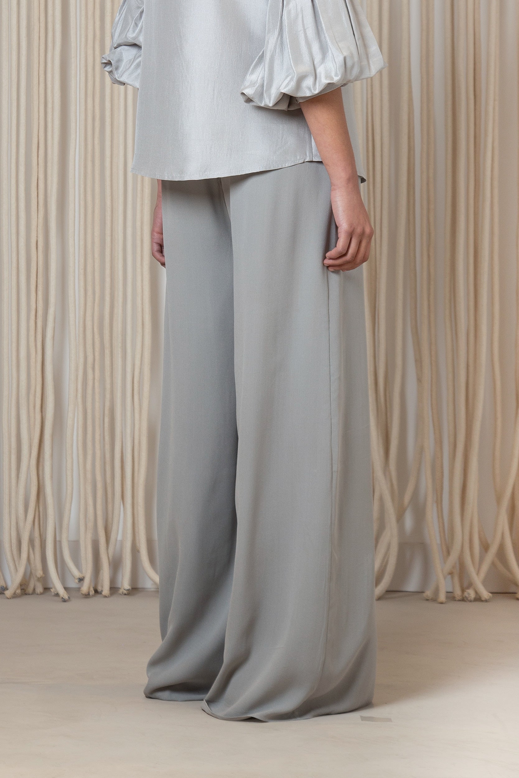 Bellami Pant in Silver – Elegant wide-leg silk pants with flowing silhouette.