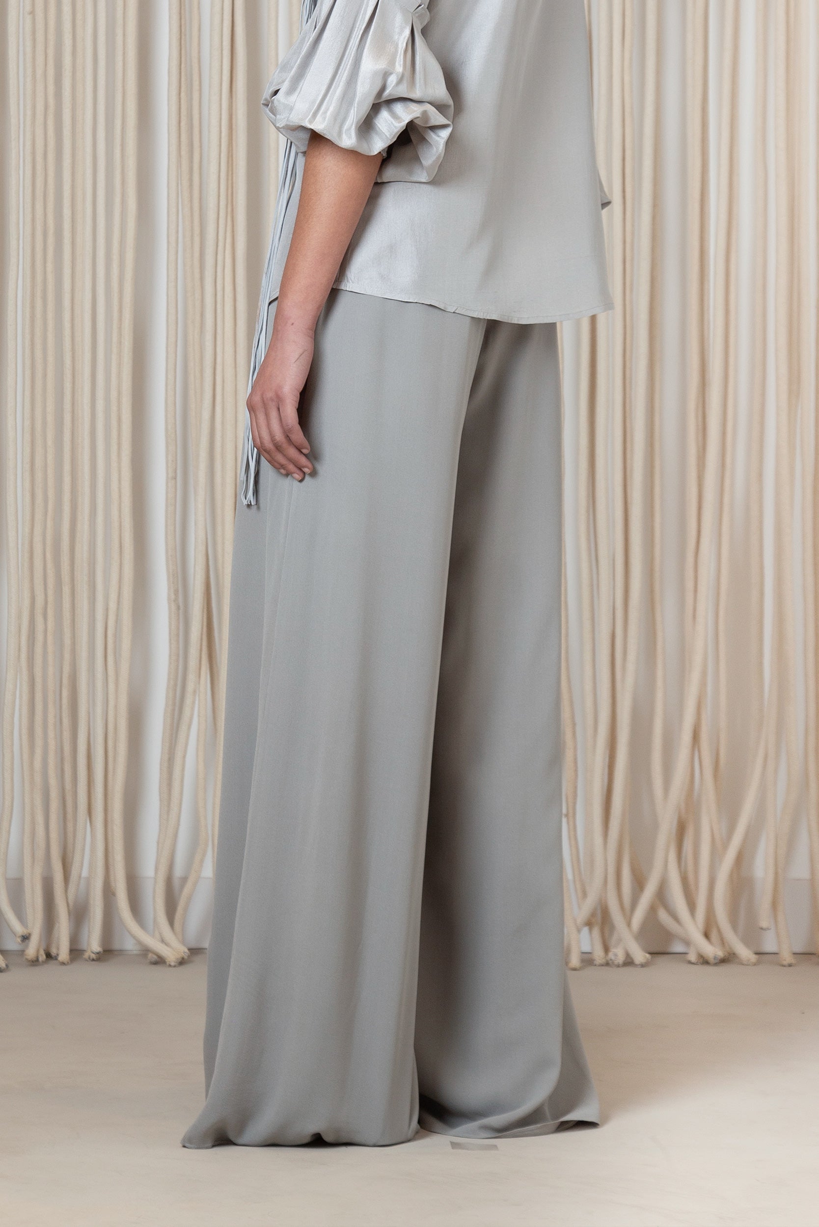 Bellami Pant in Silver – Elegant wide-leg silk pants with flowing silhouette.