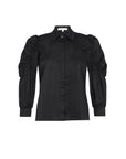 Front view of the Bimba Blouse in essential black, showcasing its powerful, elegant silhouette.