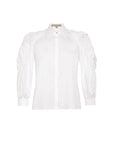 The Bimba Blouse in classic white, featuring its crisp shirt collar and relaxed fit.