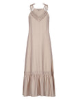 The Blake Maxi Dress in a sophisticated Nude, highlighting its romantic ruffle neckline.