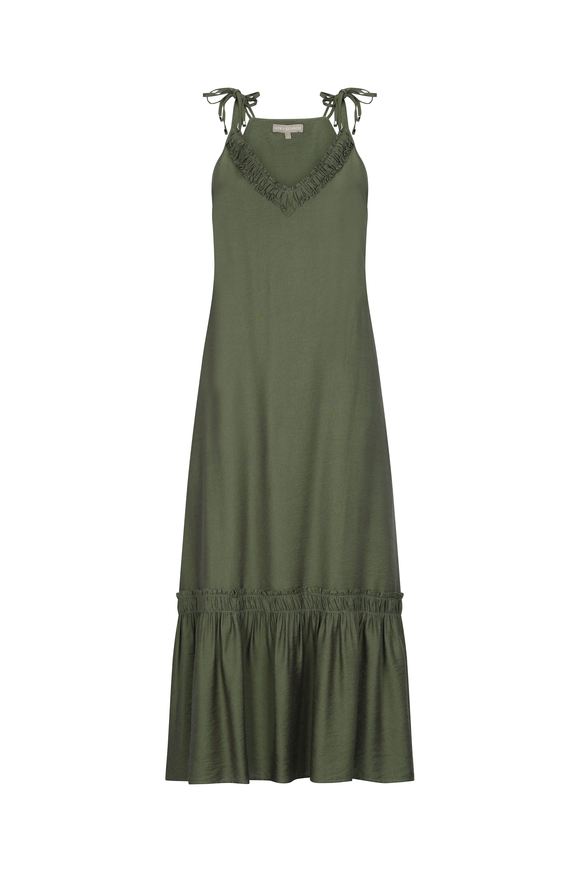 Front view of the Blake Maxi Dress in Olive, showcasing its ruffled V-neckline and flowing skirt.