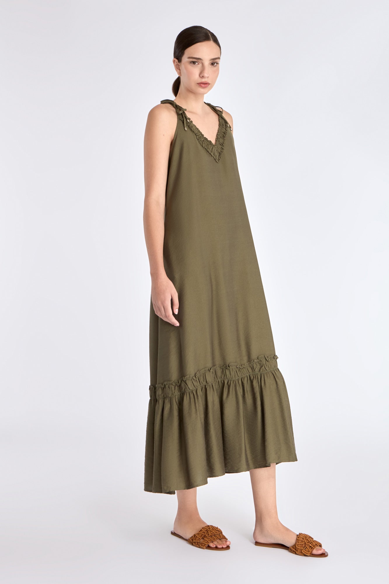 Blake Ruffle V-Neck Maxi Dress in Olive