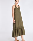 Front view of the Blake Maxi Dress in Olive, showcasing its ruffled V-neckline and flowing skirt.