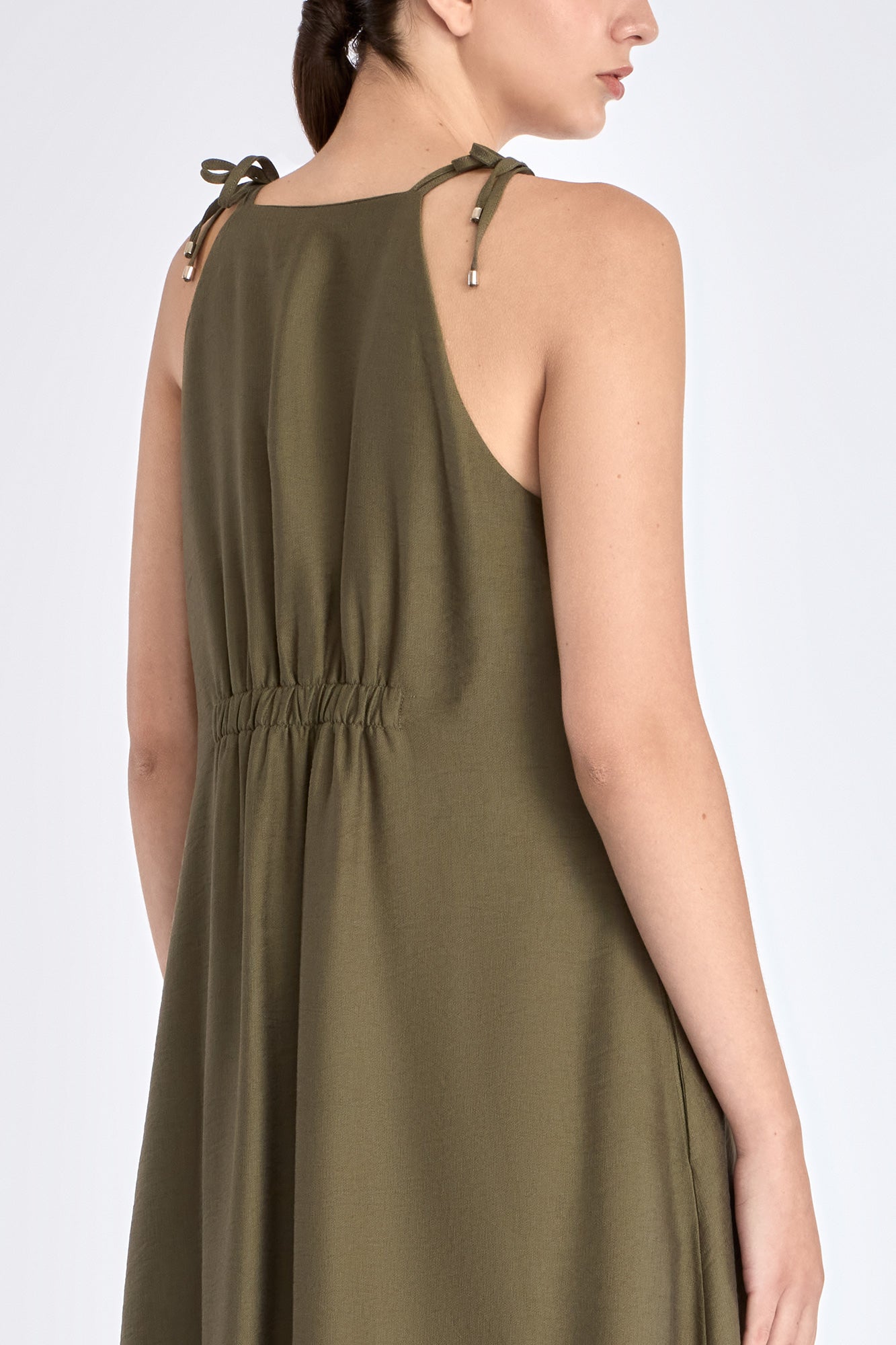 Back view of the Blake Dress, showing the delicate double straps and half-elasticated back detail.