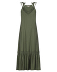 Front view of the Blake Maxi Dress in Olive, showcasing its ruffled V-neckline and flowing skirt.