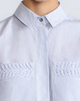 Callie Blouse – 100% cotton shirt blouse with hidden buttons, ¾ sleeves, and smocked cuffs and pockets. Made in Peru.