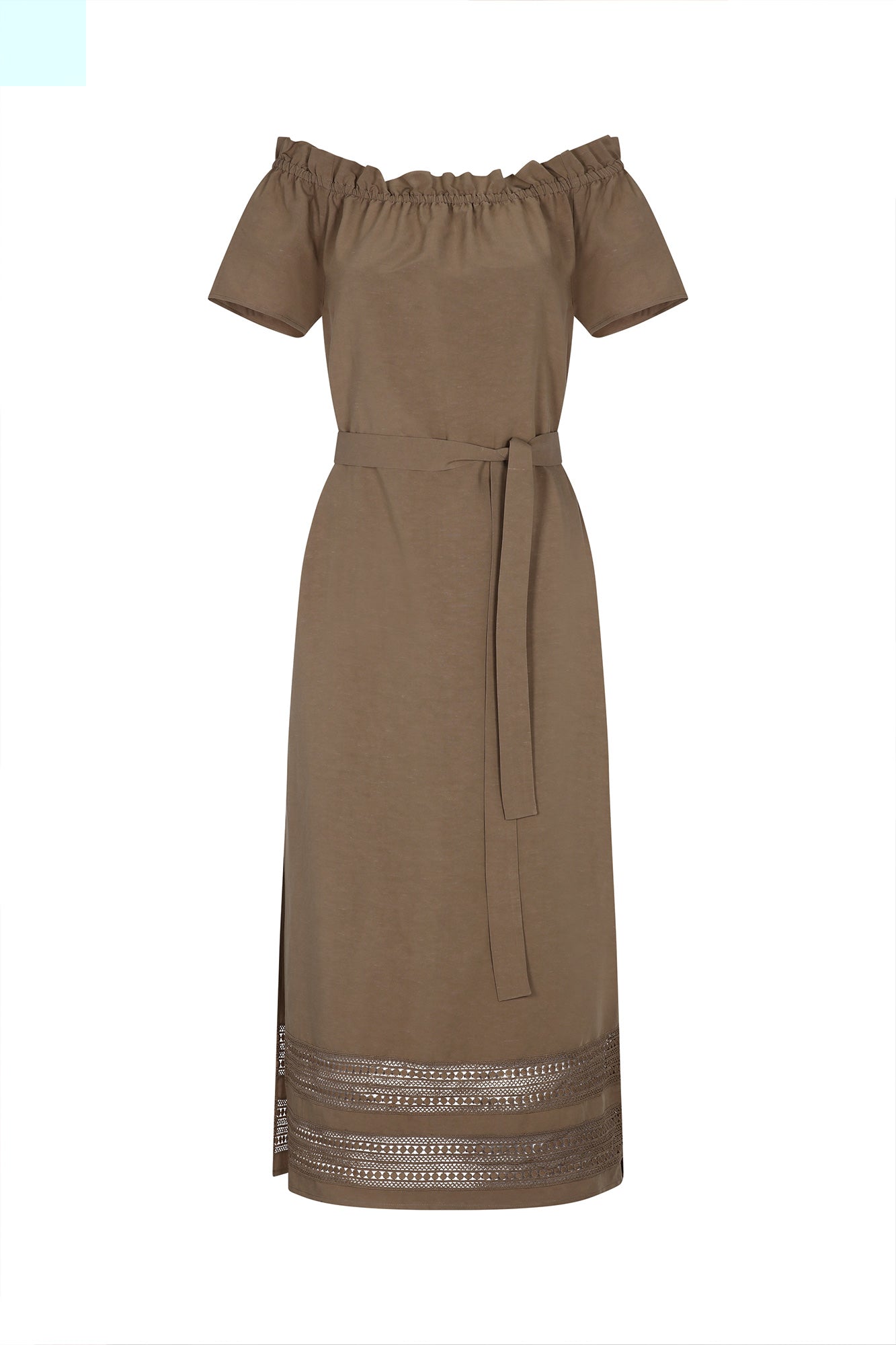 Front view of the Cameron Dress in Taupe, showcasing its relaxed midi silhouette and keyhole neckline.