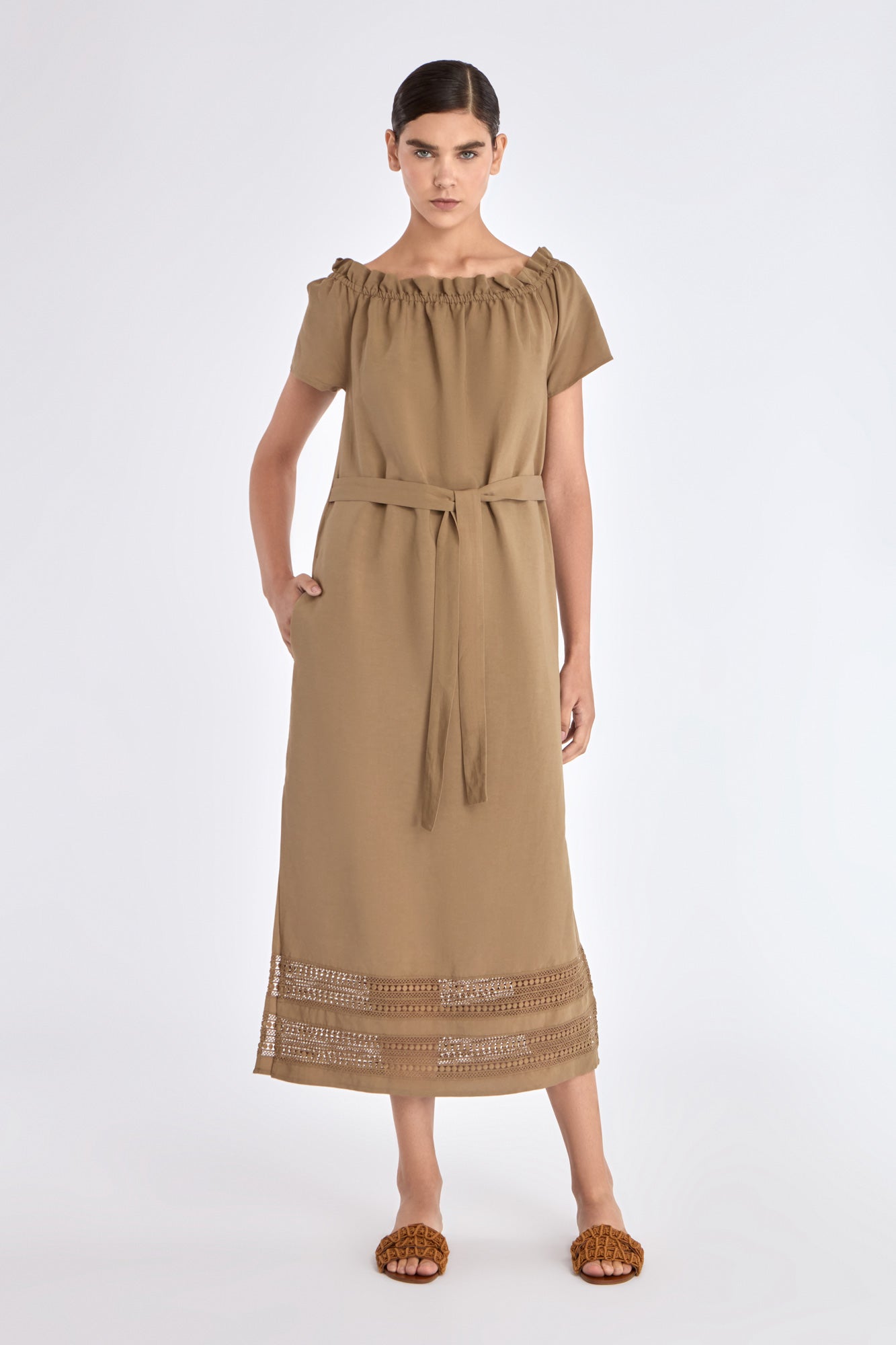 Front view of the Cameron Dress in Taupe, showcasing its relaxed midi silhouette and keyhole neckline.
