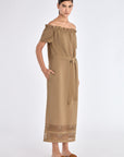 Side profile of the Taupe Cameron Dress, highlighting the fluid drape of the premium linen blend.