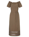 Front view of the Cameron Dress in Taupe, showcasing its relaxed midi silhouette and keyhole neckline.
