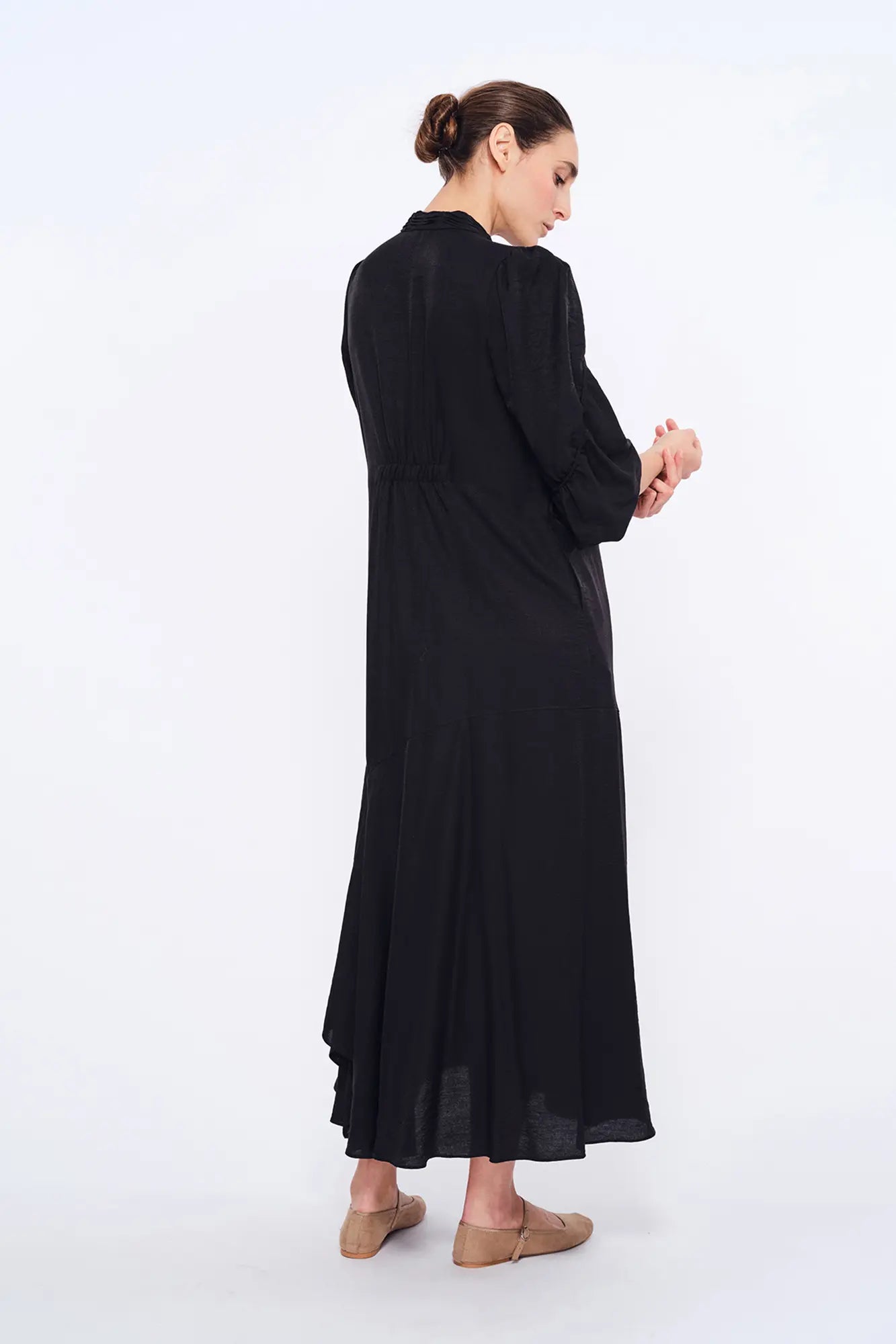 Carlie Puff Sleeve Asymmetrical Dress in Black