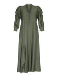 The Carlie Dress in a sophisticated Olive, featuring its soft puff sleeves and draped skirt.