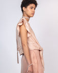 Chaya silk blouse in blush with a V-neckline and waist tie