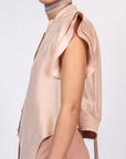 Chaya silk blouse in blush with a V-neckline and waist tie