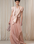 Chaya silk blouse in blush with a V-neckline and waist tie