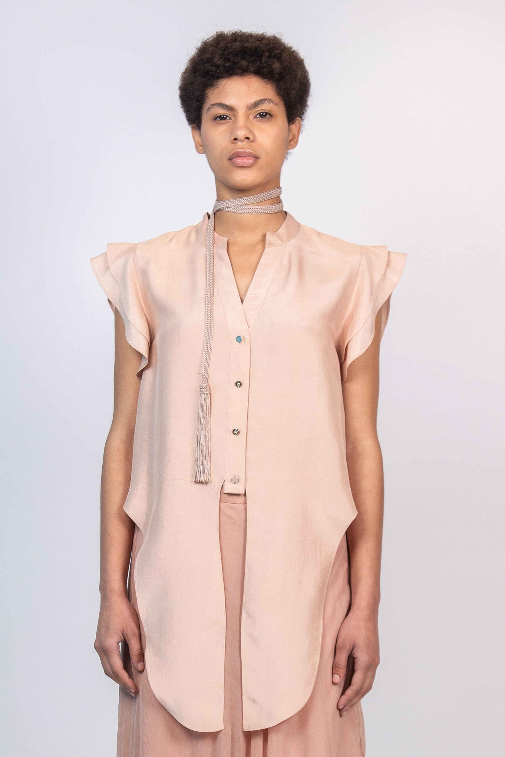 Chaya silk blouse in blush with a V-neckline and waist tie