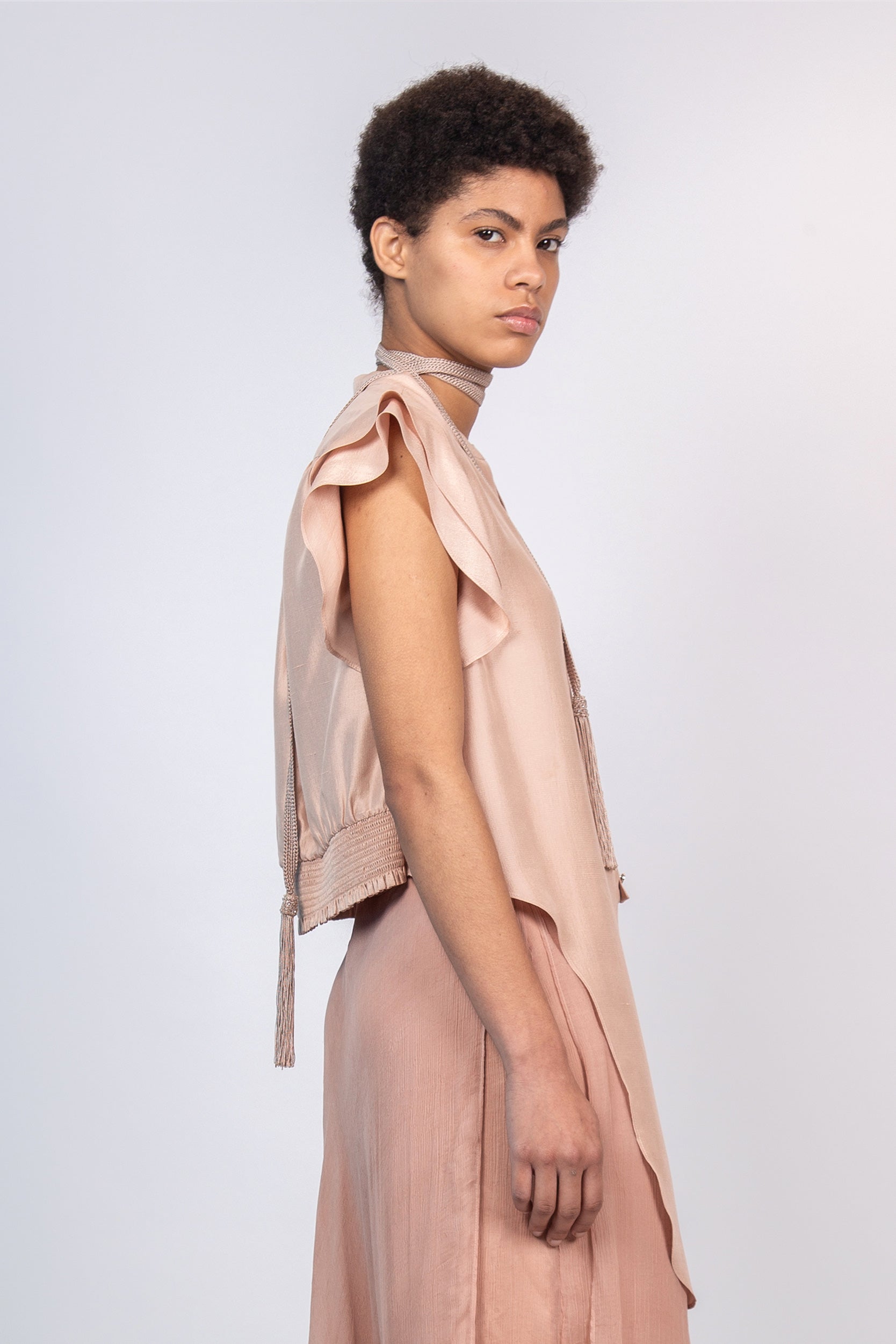 Chaya silk blouse in blush with a V-neckline and waist tie