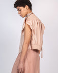 Chaya silk blouse in blush with a V-neckline and waist tie