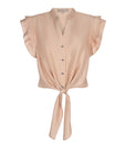 Chaya silk blouse in blush with a V-neckline and waist tie