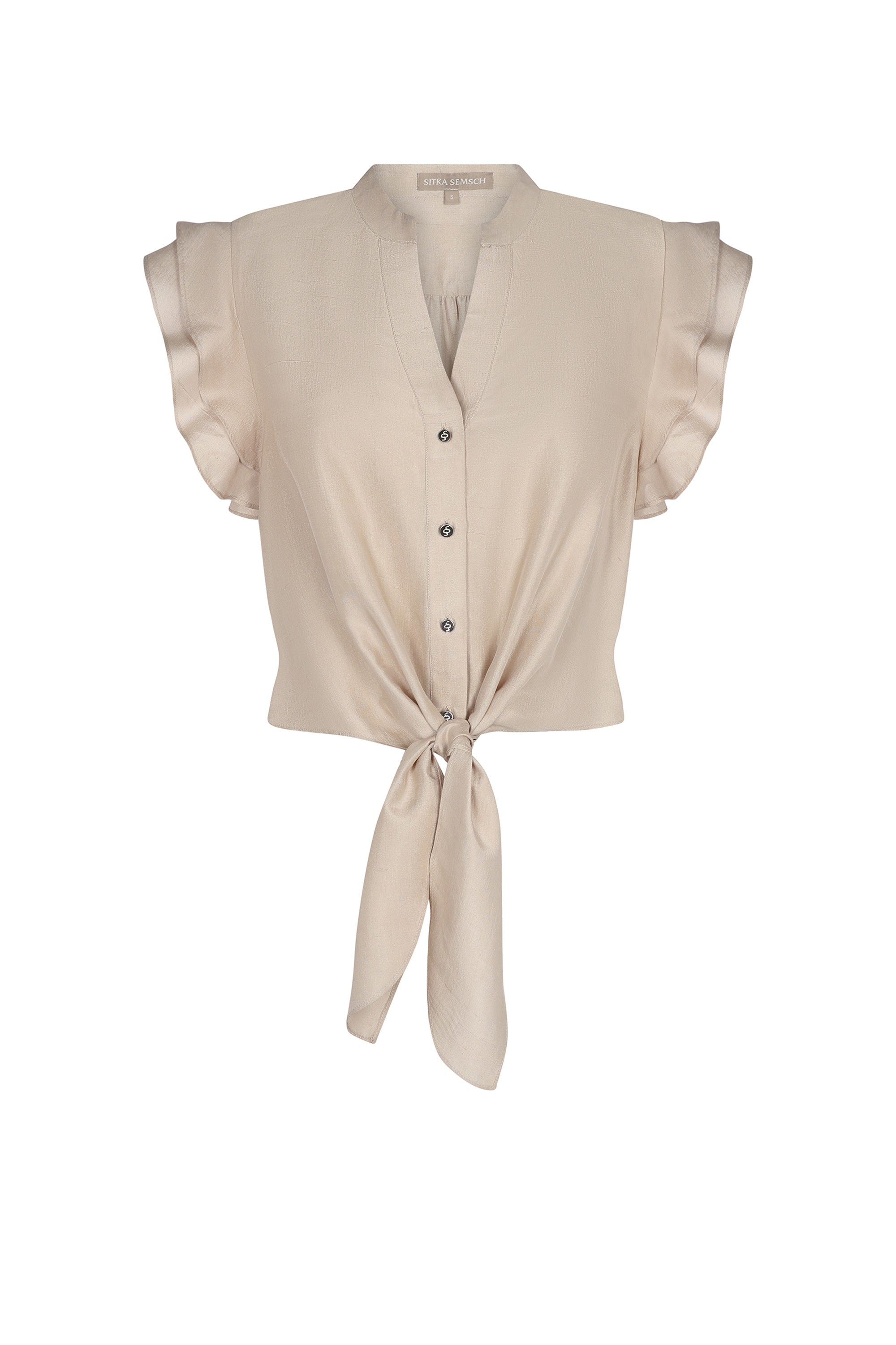 Chaya silk blouse in sand with sleeveless design and tie waist