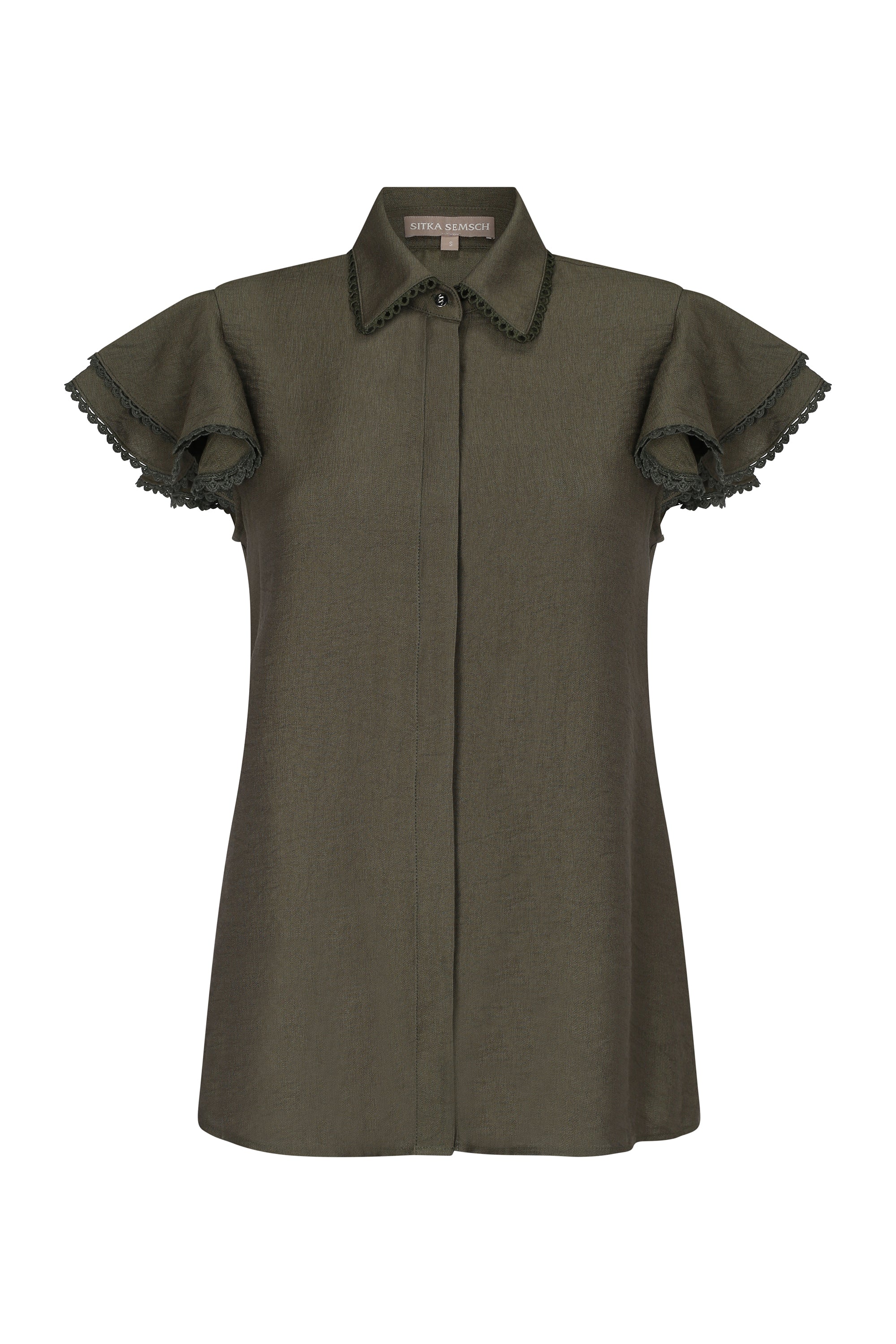 Front view of the Clark Blouse in Olive, showcasing its tailored shirt collar and relaxed fit.