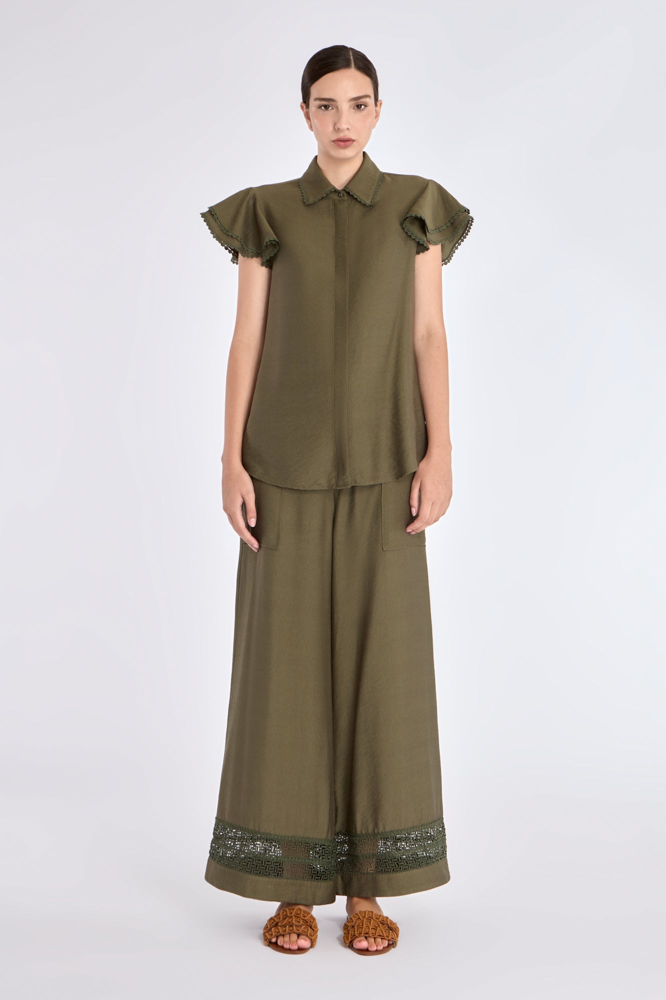 Front view of the Clark Blouse in Olive, showcasing its tailored shirt collar and relaxed fit.
