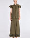 Front view of the Clark Blouse in Olive, showcasing its tailored shirt collar and relaxed fit.