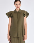 Front view of the Clark Blouse in Olive, showcasing its tailored shirt collar and relaxed fit.