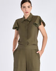 Front view of the Clark Blouse in Olive, showcasing its tailored shirt collar and relaxed fit.