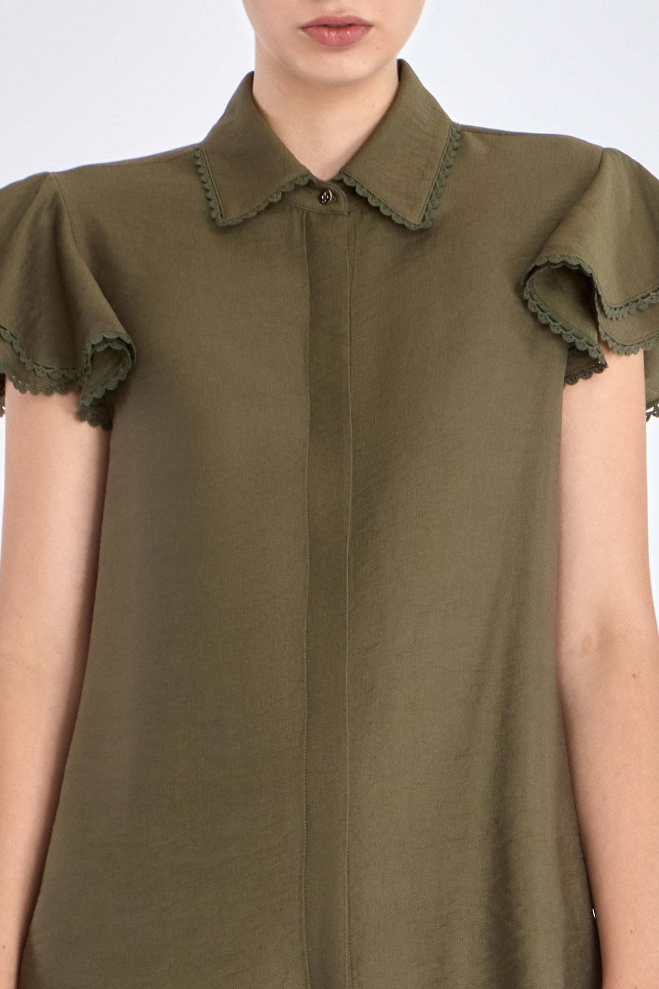 Front view of the Clark Blouse in Olive, showcasing its tailored shirt collar and relaxed fit.