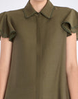 Front view of the Clark Blouse in Olive, showcasing its tailored shirt collar and relaxed fit.