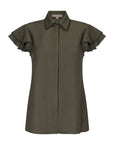 Front view of the Clark Blouse in Olive, showcasing its tailored shirt collar and relaxed fit.