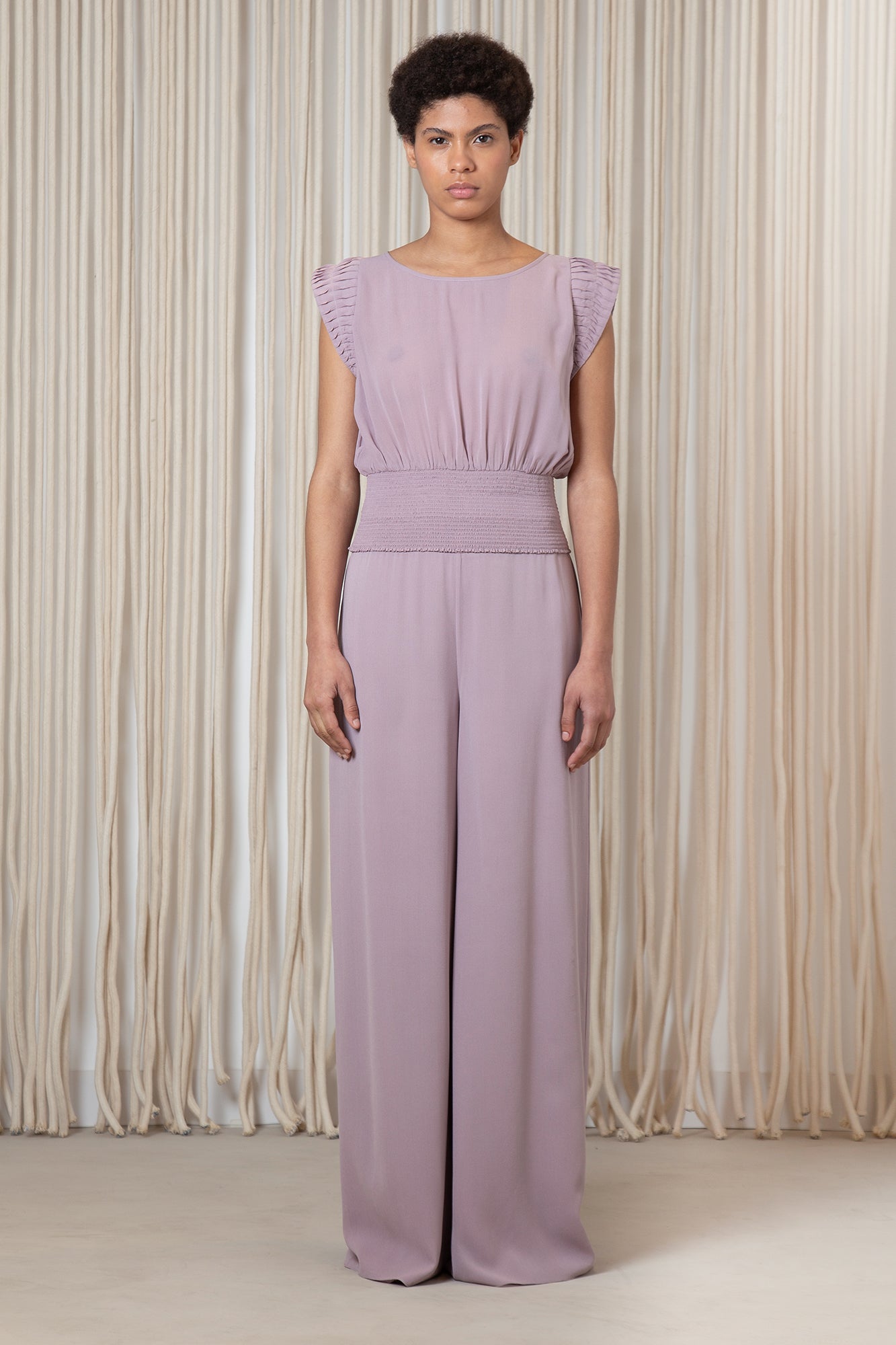 Cordova silk top in lilac with elasticated waist and modern silhouette