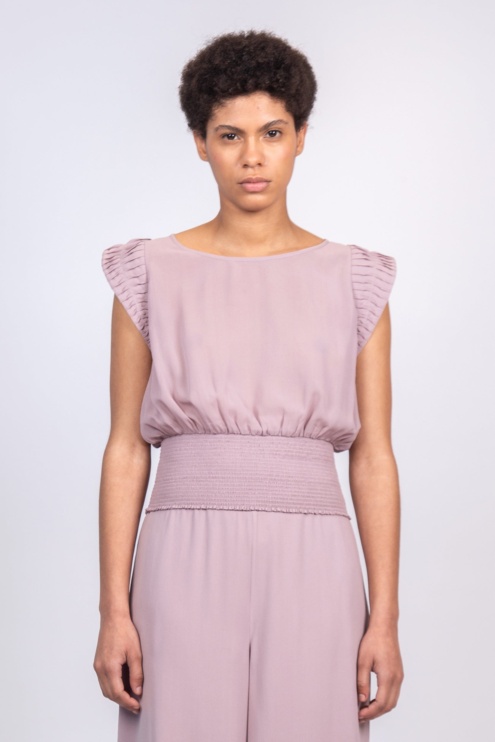 Cordova silk top in lilac with elasticated waist and modern silhouette