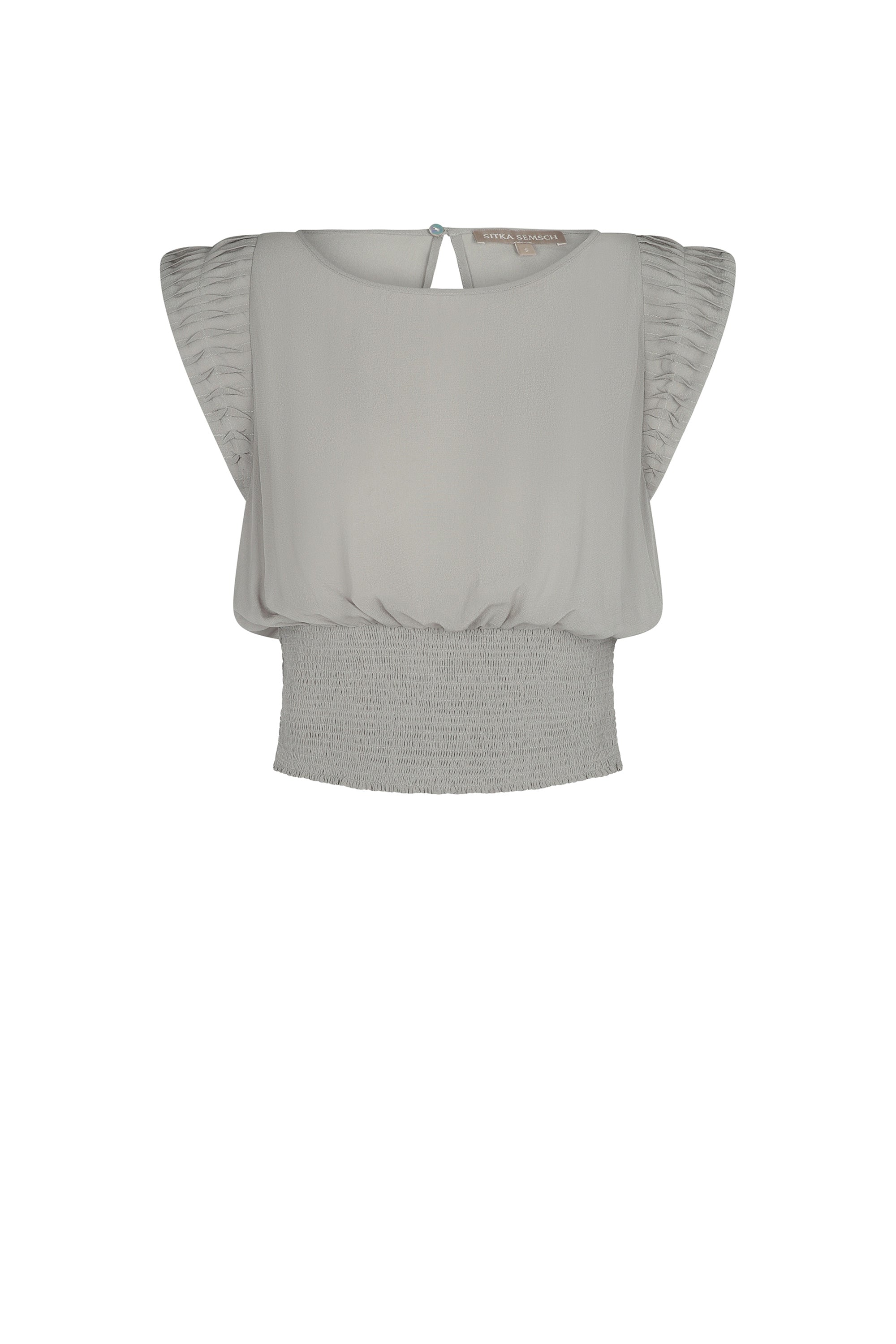 Cordova silk top in silver with round neckline and elasticated waist