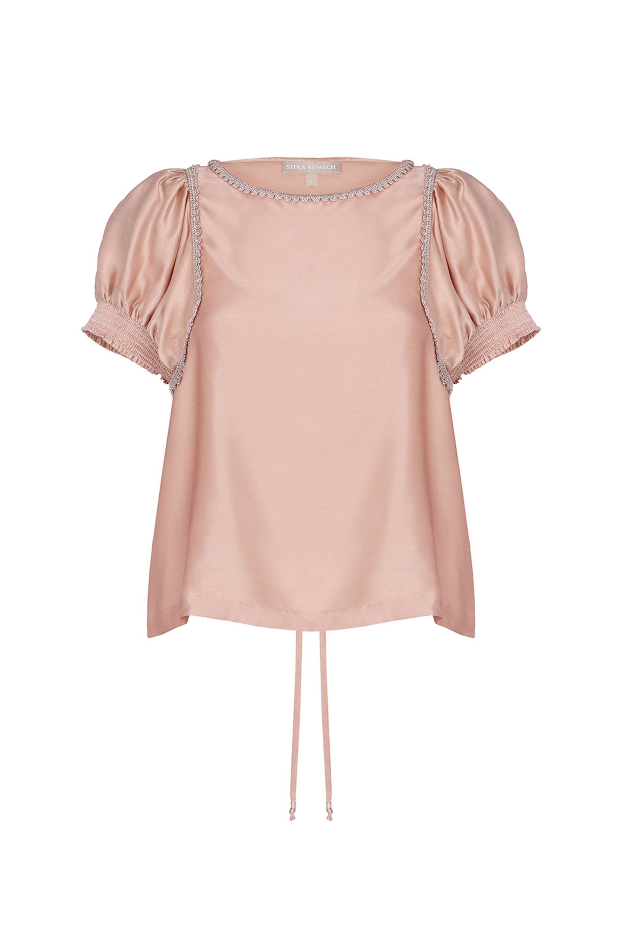 Davina silk top in blush with crochet ribbon accents and adjustable hem