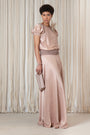 Davina silk top in blush with crochet ribbon accents and adjustable hem