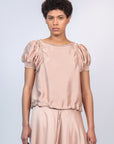 Davina silk top in blush with crochet ribbon accents and adjustable hem