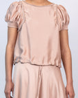 Davina silk top in blush with crochet ribbon accents and adjustable hem