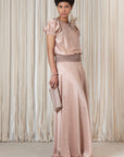 Davina silk top in blush with crochet ribbon accents and adjustable hem