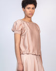 Davina silk top in blush with crochet ribbon accents and adjustable hem