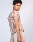 Davina silk top in blush with crochet ribbon accents and adjustable hem