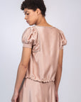 Davina silk top in blush with crochet ribbon accents and adjustable hem